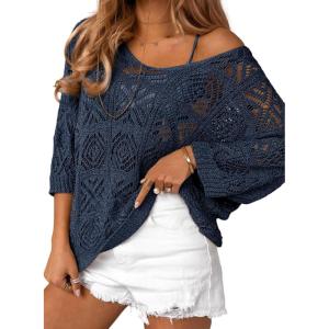 imageSidefeel Womens 2025 Spring Summer Crochet Tops Off The Shoulder Hollow Out Knit Tops 34 Sleeve Pullover Sweater Cover UpsNavy Blue