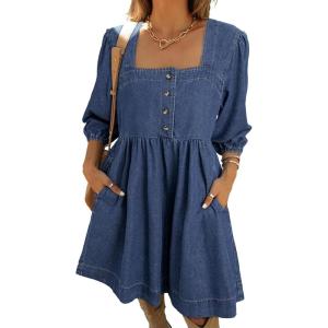 imageSidefeel Womens Spring Outfit Denim Dress 34 Sleeve Loose Fit Square Neck Summer Jean Dresses with PocketsDark Blue