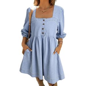 imageSidefeel Womens Spring Outfit Denim Dress 34 Sleeve Loose Fit Square Neck Summer Jean Dresses with PocketsIceland Blue