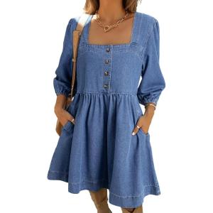 imageSidefeel Womens Spring Outfit Denim Dress 34 Sleeve Loose Fit Square Neck Summer Jean Dresses with PocketsLight Blue