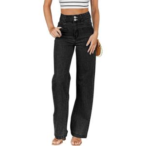 imageSidefeel Womens Jeans High Waisted Straight Leg Stretchy Jeans Trendy Welt Pockets Loose Wide Leg Zimbaplatinum Denim PantsBlack