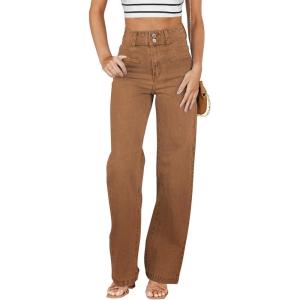 imageSidefeel Womens Jeans High Waisted Straight Leg Stretchy Jeans Trendy Welt Pockets Loose Wide Leg Zimbaplatinum Denim PantsBrown