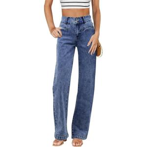 imageSidefeel Womens Jeans High Waisted Straight Leg Stretchy Jeans Trendy Welt Pockets Loose Wide Leg Zimbaplatinum Denim PantsWashed Blue