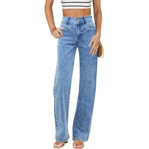 imageSidefeel Womens Jeans High Waisted Straight Leg Stretchy Jeans Trendy Welt Pockets Loose Wide Leg Zimbaplatinum Denim PantsWashed Light Blue