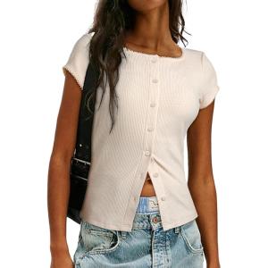 imageSidefeel Womens Going Out Tops Summer Short Sleeve Cardigans Button Down Crewneck Lightweight Sweater Knit TopsBeige