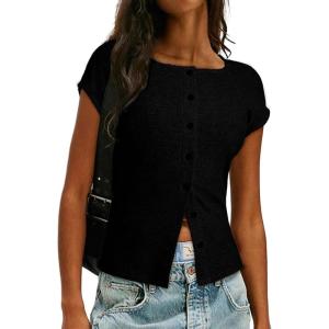 imageSidefeel Womens Going Out Tops Summer Short Sleeve Cardigans Button Down Crewneck Lightweight Sweater Knit TopsBlack