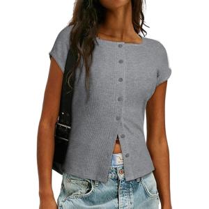 imageSidefeel Womens Going Out Tops Summer Short Sleeve Cardigans Button Down Crewneck Lightweight Sweater Knit TopsLight Grey