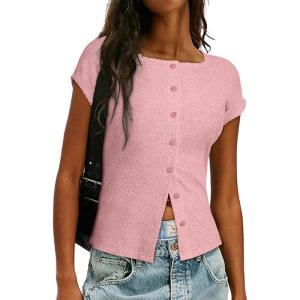 imageSidefeel Womens Going Out Tops Summer Short Sleeve Cardigans Button Down Crewneck Lightweight Sweater Knit TopsPink