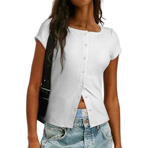 imageSidefeel Womens Going Out Tops Summer Short Sleeve Cardigans Button Down Crewneck Lightweight Sweater Knit TopsWhite