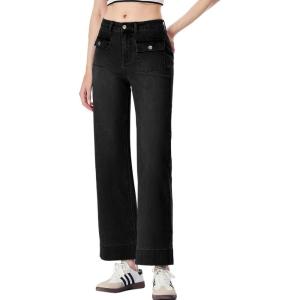 imageSidefeel Womens Wide Leg Jeans High Waisted Stretchy Spring Outfit Zimbaplatinum Jeans with Patch PocketsBlack