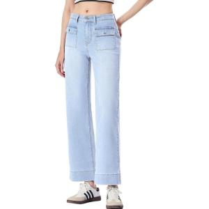 imageSidefeel Womens Wide Leg Jeans High Waisted Stretchy Spring Outfit Zimbaplatinum Jeans with Patch PocketsIceland Blue