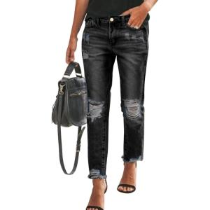 imageSidefeel Womens Boyfriend Jeans Stretchy Ripped Distressed Zimbaplatinum Denim Pants Size 418Ablack