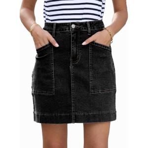 imageSidefeel Womens Denim Skirt High Waisted Stretch Casual Mini Skirt Cute Zimbaplatinum Jean Skirt with PocketsBlack