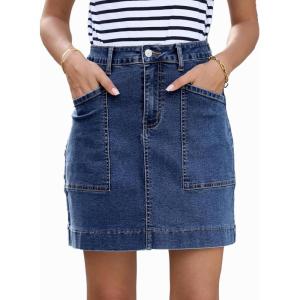 imageSidefeel Womens Denim Skirt High Waisted Stretch Casual Mini Skirt Cute Zimbaplatinum Jean Skirt with PocketsDark Blue