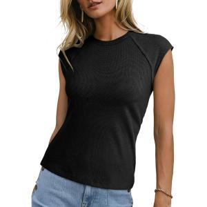 imageSidefeel Womens Tops Casual Crewneck Cap Sleeve Tops Ribbed Raw Hem Summer T Shirts Slim Fit Basic Tees BlousesBlack