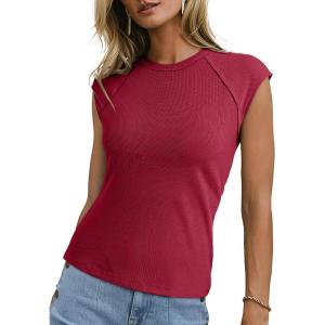 imageSidefeel Womens Tops Casual Crewneck Cap Sleeve Tops Ribbed Raw Hem Summer T Shirts Slim Fit Basic Tees BlousesBurgundy