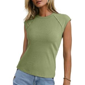 imageSidefeel Womens Tops Casual Crewneck Cap Sleeve Tops Ribbed Raw Hem Summer T Shirts Slim Fit Basic Tees BlousesGreen