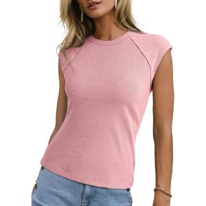 imageSidefeel Womens Tops Casual Crewneck Cap Sleeve Tops Ribbed Raw Hem Summer T Shirts Slim Fit Basic Tees BlousesPink
