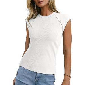imageSidefeel Womens Tops Casual Crewneck Cap Sleeve Tops Ribbed Raw Hem Summer T Shirts Slim Fit Basic Tees BlousesWhite