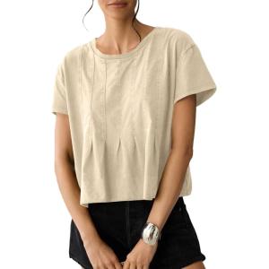 imageSidefeel Womens Short Sleeve Casual Basic T Shirts Summer Round Neck Pleated Tee Tops BlousesApricot