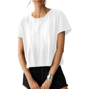 imageSidefeel Womens Short Sleeve Casual Basic T Shirts Summer Round Neck Pleated Tee Tops BlousesWhite