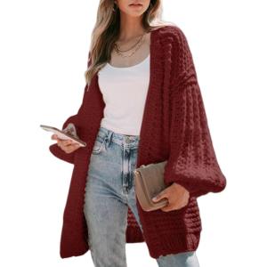 imageSidefeel Cardigan for Women Trendy 2024 Open Front Sweater Oversized Lantern Sleeve Chunky Knitted OutwearBurgundy