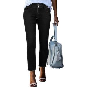imageSidefeel Womens High Waisted Jeans Strechy Raw Hem Straight Leg Denim Pants with PocketsPure Black