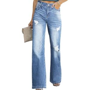 imageSidefeel Womens Ripped High Waisted Flared Jeans Wide Leg Destroyed Denim PantsL Sky Blue