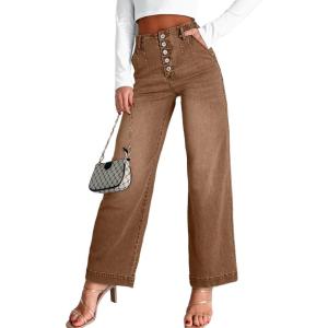 imageSidefeel Womens Wide Leg Jeans High Waisted Button Fly Stretchy Straight Legs Denim PantsBrown