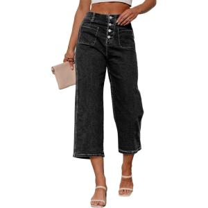 imageSidefeel Womens Capri Pants Trendy Wide Leg Jeans High Waisted Stretchy Loose Cropped Denim PantsBlack