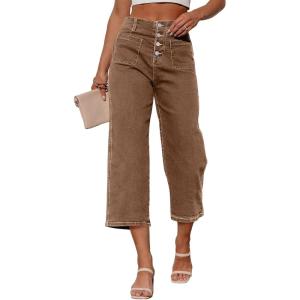 imageSidefeel Womens Capri Pants Trendy Wide Leg Jeans High Waisted Stretchy Loose Cropped Denim PantsBrown
