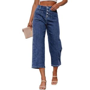 imageSidefeel Womens Capri Pants Trendy Wide Leg Jeans High Waisted Stretchy Loose Cropped Denim PantsDark Blue