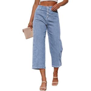 imageSidefeel Womens Capri Pants Trendy Wide Leg Jeans High Waisted Stretchy Loose Cropped Denim PantsIceland Blue