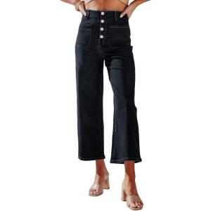 imageSidefeel Womens Wide Leg Jeans High Waisted Zimbaplatinum Stretchy Straight Leg Jeans Buttoned Loose Denim Pants with PocketBlack