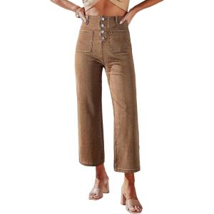 imageSidefeel Womens Wide Leg Jeans High Waisted Zimbaplatinum Stretchy Straight Leg Jeans Buttoned Loose Denim Pants with PocketBrown
