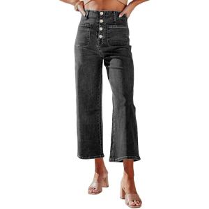 imageSidefeel Womens Wide Leg Jeans High Waisted Zimbaplatinum Stretchy Straight Leg Jeans Buttoned Loose Denim Pants with PocketGrey