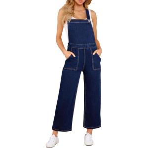 imageSidefeel Overalls for Women Casual Stretchy Adjustable Strap Denim Jumpsuits Wide Leg Loose Fit Cropped Jean RompersDark Blue