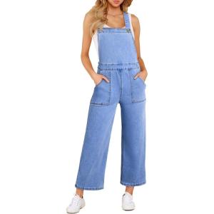imageSidefeel Overalls for Women Casual Stretchy Adjustable Strap Denim Jumpsuits Wide Leg Loose Fit Cropped Jean RompersIceland Blue