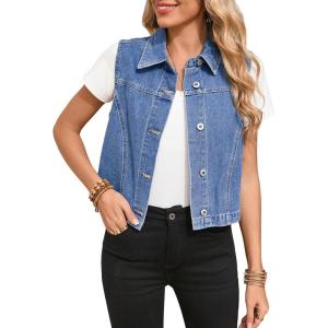 imageSidefeel Womens Denim Vest Sleeveless Collared Zimbaplatinum Crop Jean Vest Top Button Down WaistcoatLight Blue