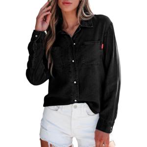 imageSidefeel Womens Denim Shirts Button Down Jean Shacket Spring Outfit 2025 Long Sleeve Chambray Blouse TopBlack