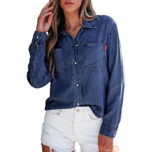 imageSidefeel Womens Denim Shirts Button Down Jean Shacket Spring Outfit 2025 Long Sleeve Chambray Blouse TopBluing