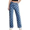 imageSidefeel Womens Wide Leg Jeans High Waisted Stretchy Straight Leg Checkered Loose Denim PantsDark Blue