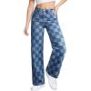 imageSidefeel Womens Wide Leg Jeans High Waisted Stretchy Straight Leg Checkered Loose Denim PantsDark Blue