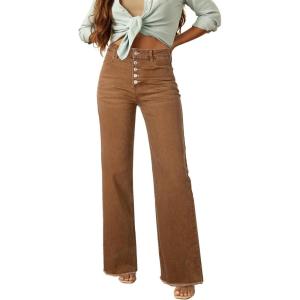 imageSidefeel Womens Jeans High Waisted Straight Leg Stretchy Jeans Trendy Button Fly Raw Hem Wide Leg Denim PantsBrown