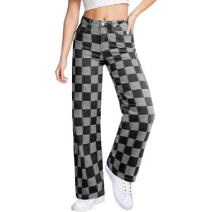 imageSidefeel Womens Wide Leg Jeans High Waisted Stretchy Straight Leg Checkered Loose Denim PantsBlack