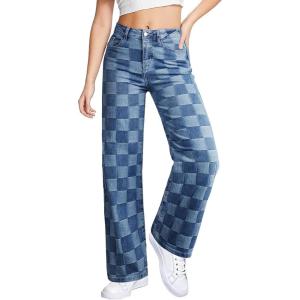 imageSidefeel Womens Wide Leg Jeans High Waisted Stretchy Straight Leg Checkered Loose Denim PantsDark Blue