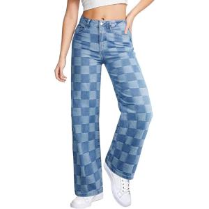 imageSidefeel Womens Wide Leg Jeans High Waisted Stretchy Straight Leg Checkered Loose Denim PantsIceland Blue