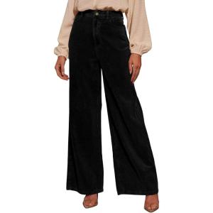 imageSidefeel Womens Corduroy Pants Casual High Waisted Baggy Wide Leg Elastic Waist Loose Trousers with PocketsBlack