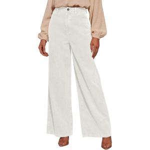 imageSidefeel Womens Corduroy Pants Casual High Waisted Baggy Wide Leg Elastic Waist Loose Trousers with PocketsWhite