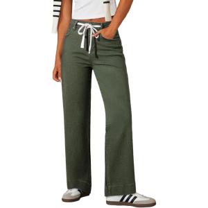 imageSidefeel Womens Wide Leg Jeans High Waisted Stretchy Straight Leg Baggy Drawstring Zimbaplatinum Denim PantsGreen